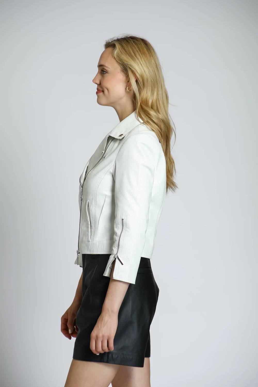 11 Uptown - Perforated Lamb Leather Moto Jacket With 3/4 Sleeves