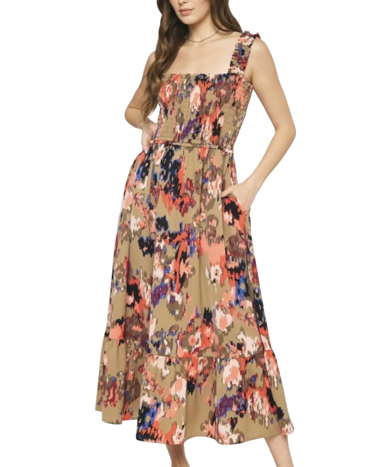 Entro - Floral Print Smocked Midi Dress