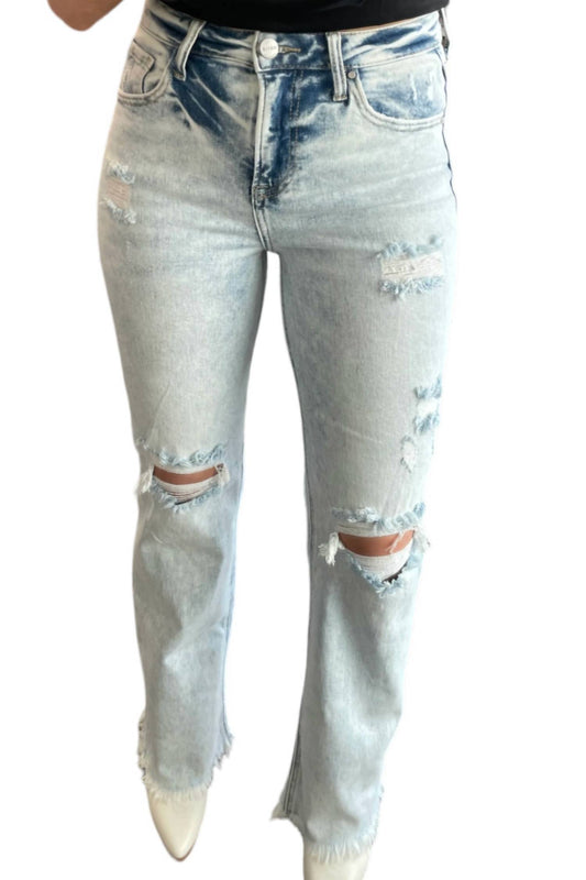 Risen - High Rise Distressed Straight Jeans