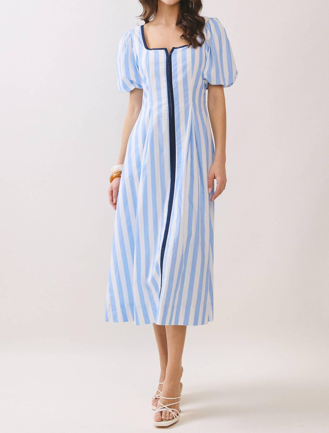 Tcec - Striped Square Neck Midi Dress With Contrast Piping