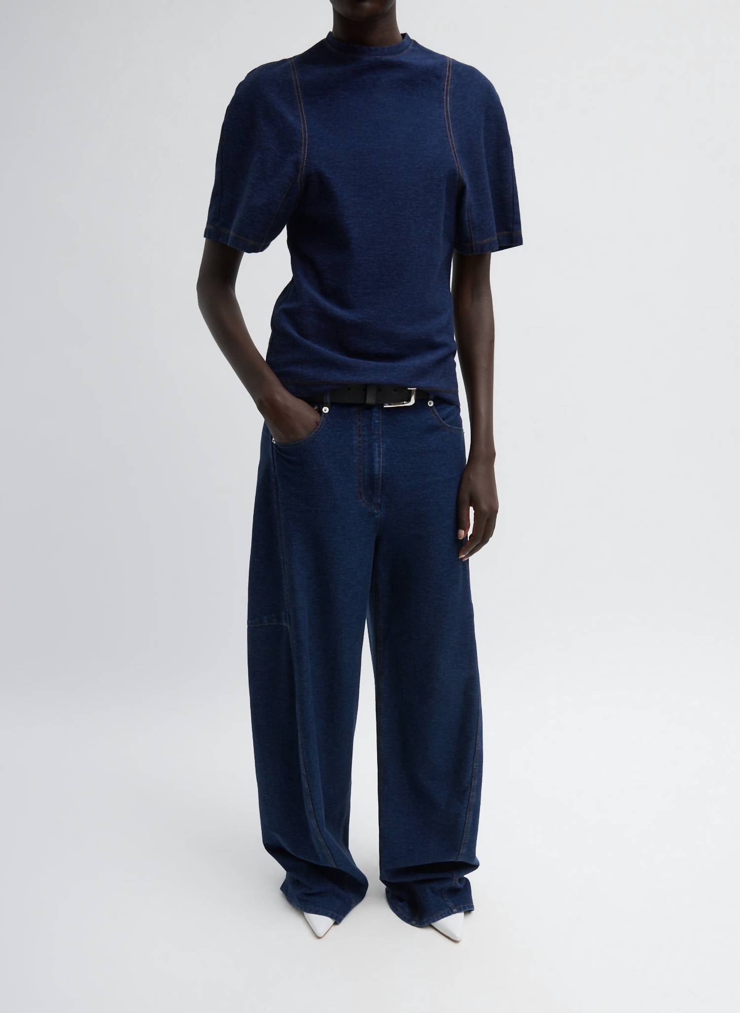 Tibi - Barre Denim Knit Scuplted Shrunken T-shirt