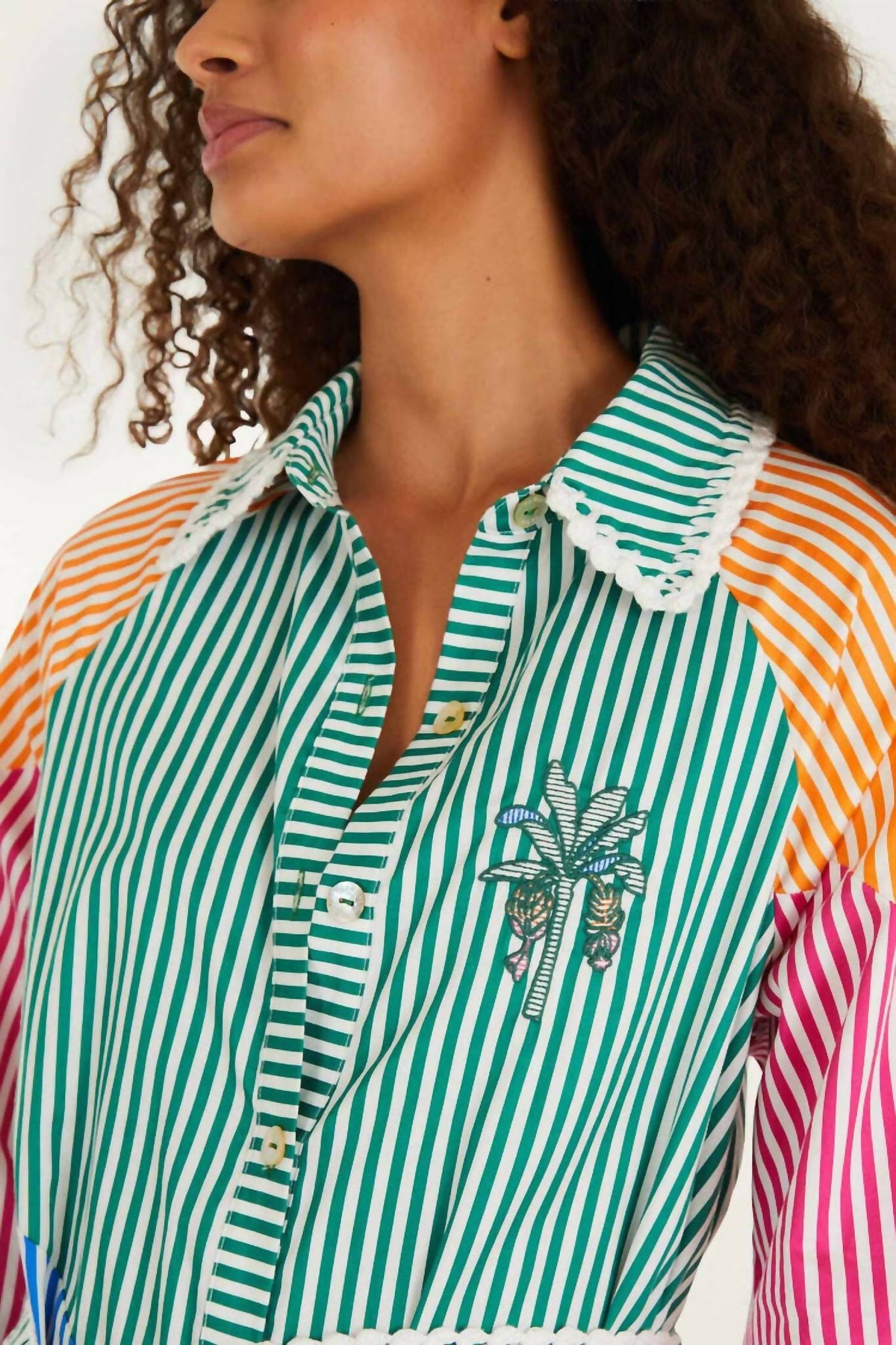 Farm Rio - CUTWORK STRIPES LONG SLEEVE CHEMISE DRESS