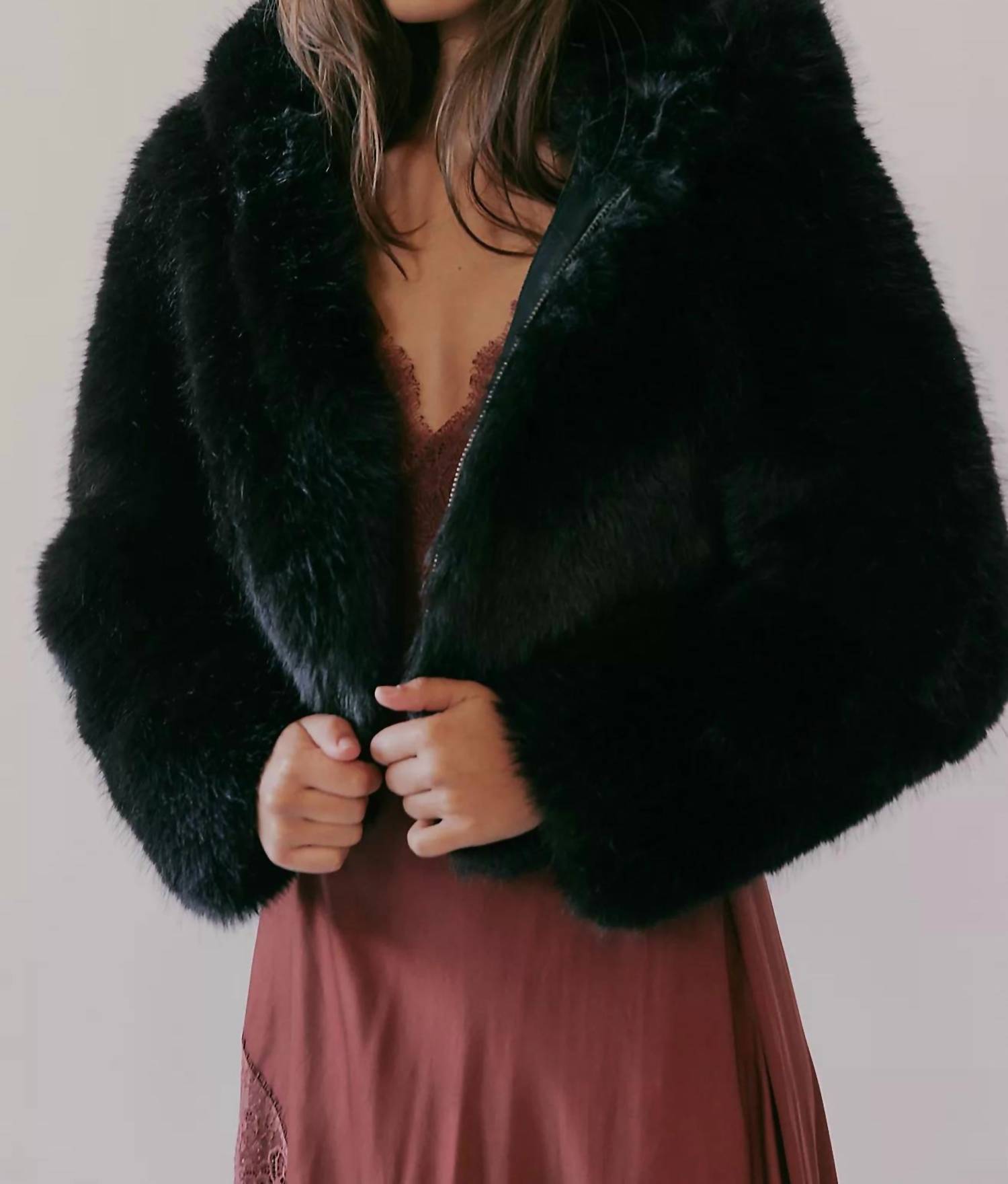 Free People Louder Please Hooded Faux Fur Jacket in black - women's jacket