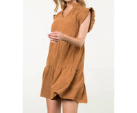THML Flutter Sleeve Corduroy Midi Dress in camel - women's dress - detail view