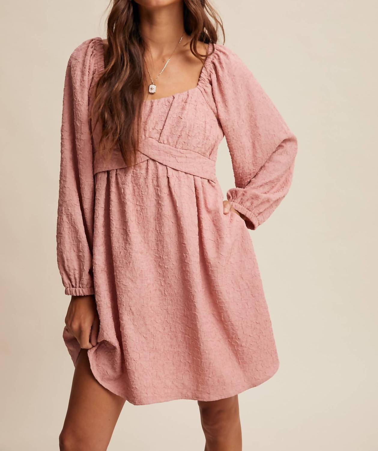 Listicle - Textured Square Neck Babydoll Mini Dress