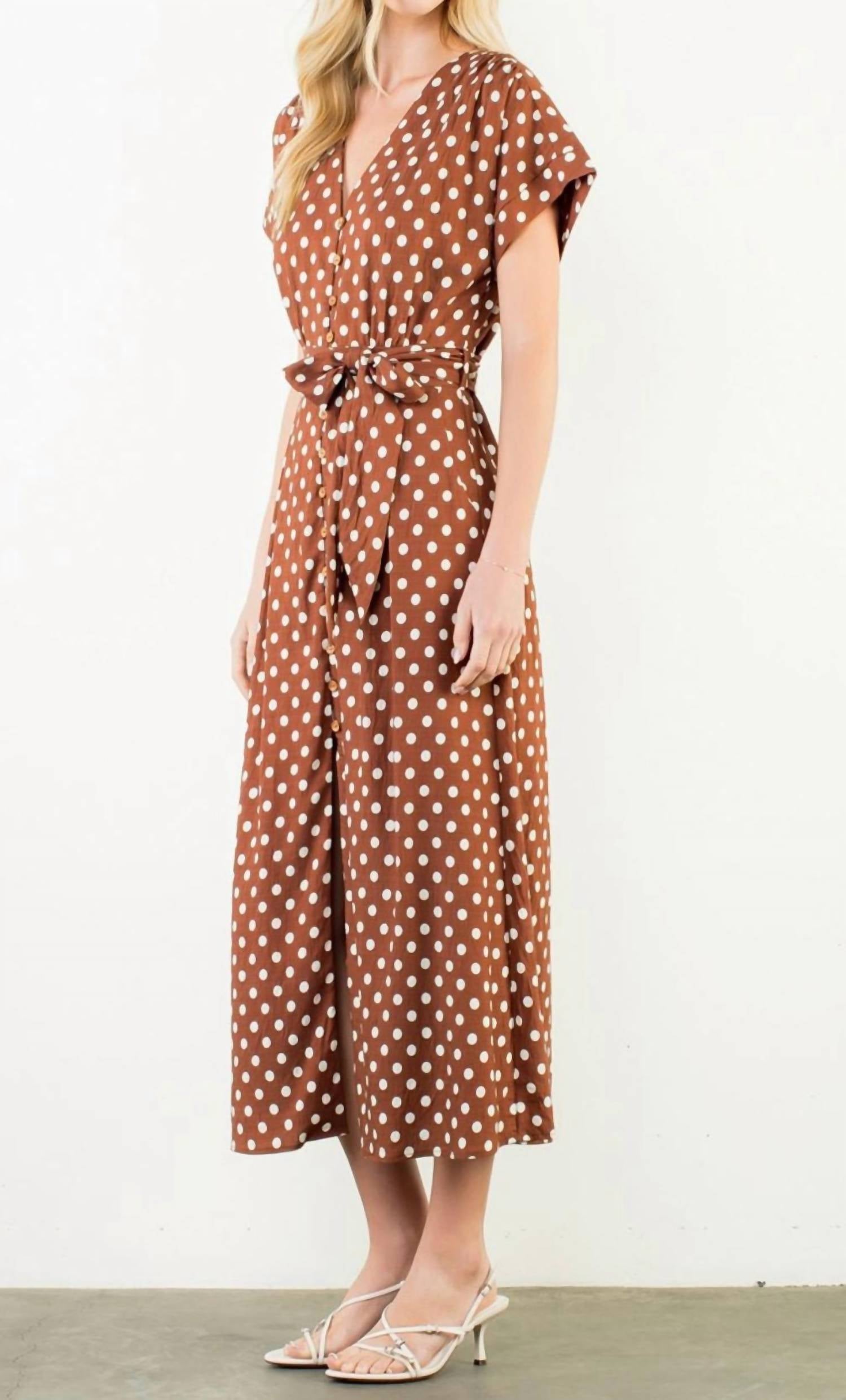 THML Short Sleeve Polka Dot Midi Dress in brown - women's dress - detail view