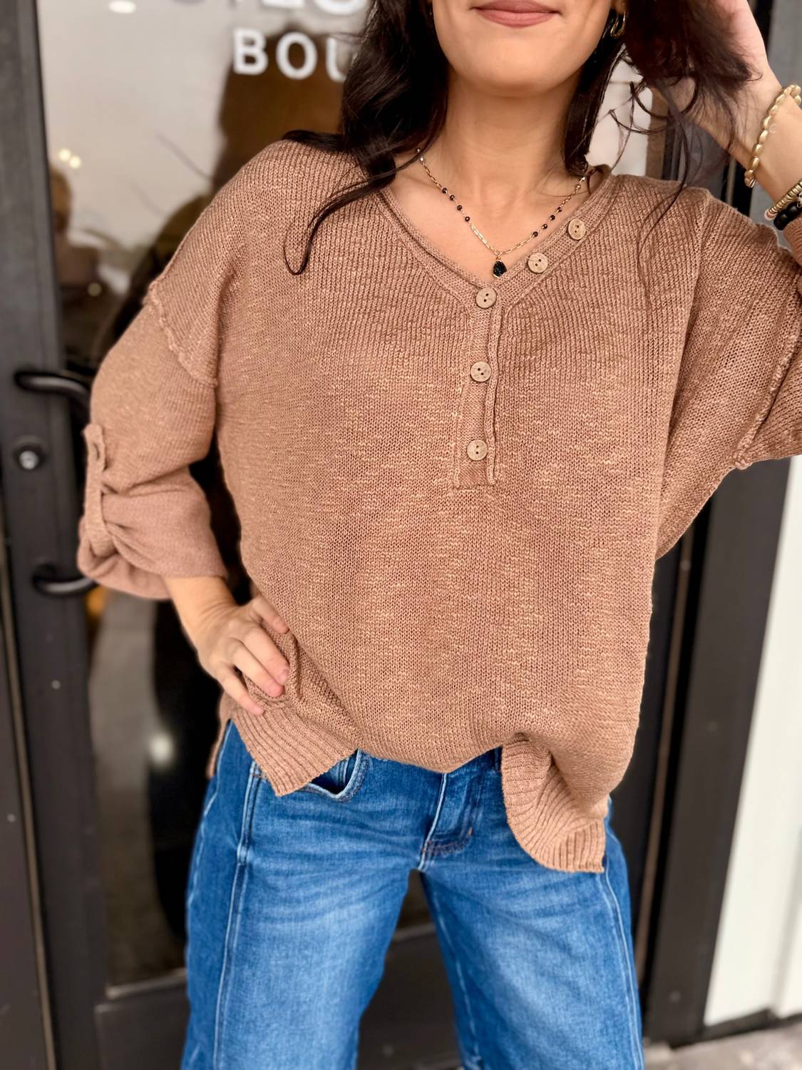 ee:some Coco Raw seamed Henley Sweater in beige - women's sweater - view 5