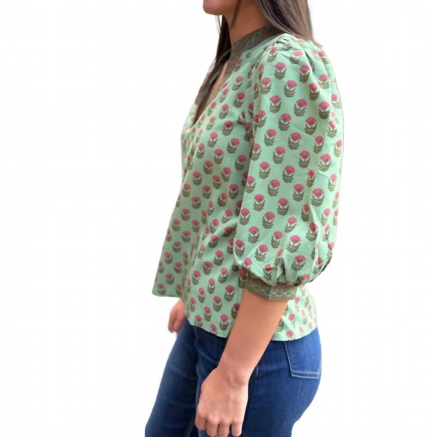 Mary Square Tamryn Floral Foulard Vineyard Top in green - women's blouse - detail view