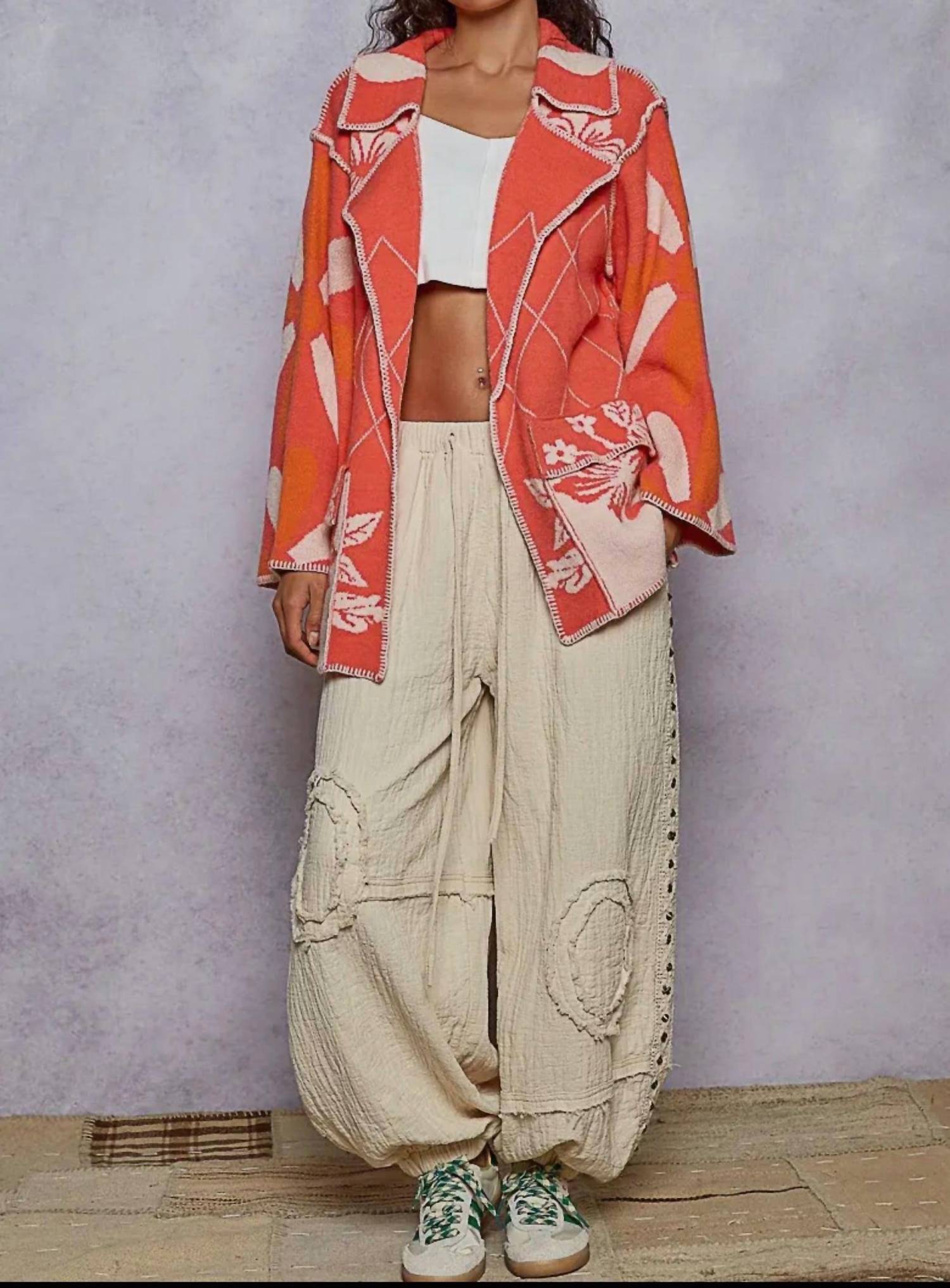 Pol - Stitch Detail Floral Collared Relaxed Fit Cardigan