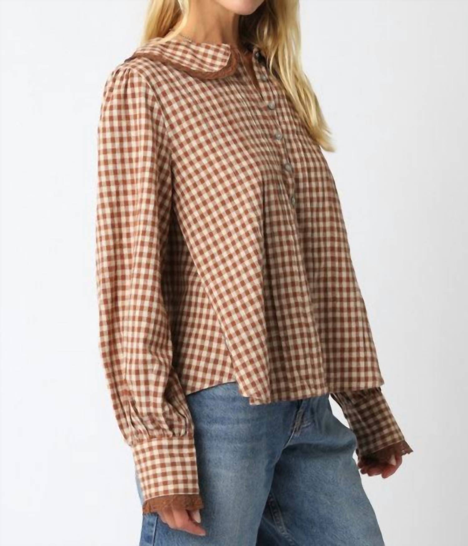 Olivaceous - Lace Trimmed Gingham Button Down Shirt