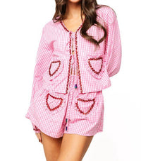 QUEEN OF SPARKLES Gingham Ruffle Heart Pocket Tie Up Top in pink and white - women's blouse - alternate view