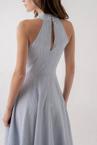 Elle Grey - V-neck Midi Stress Pinstripe Dress
