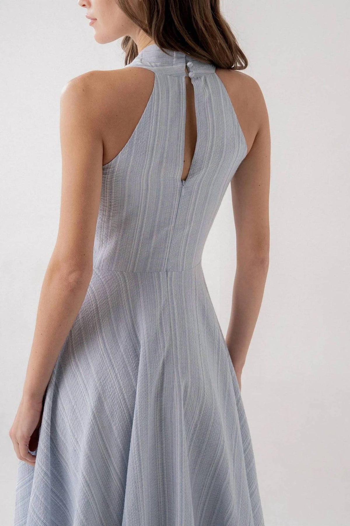 Elle Grey - V-neck Midi Stress Pinstripe Dress