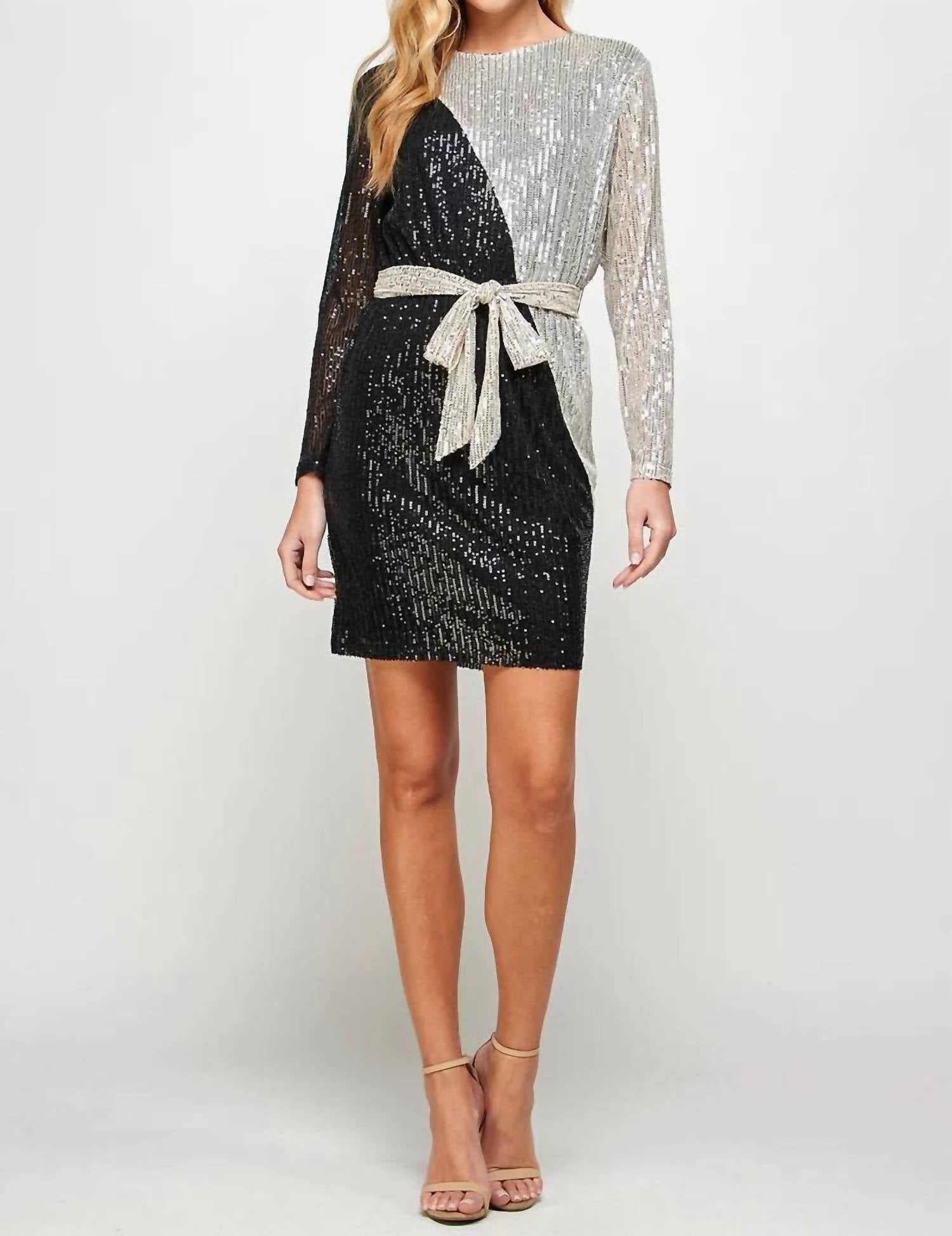 See And Be Seen - Sequin Color Blocked Long Sleeve Dress With Sash