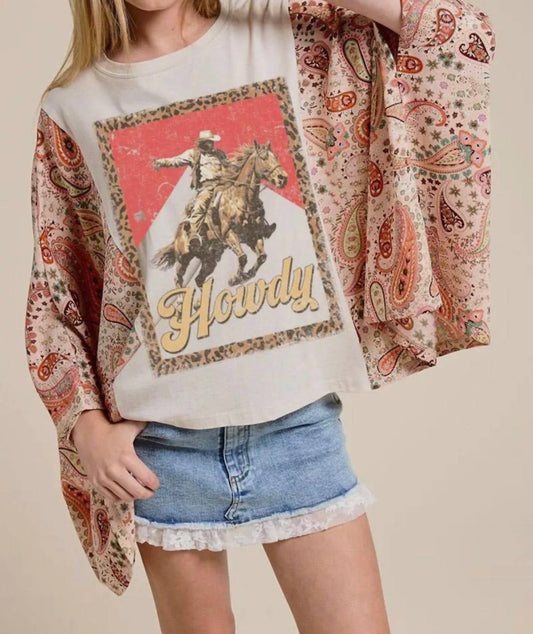Zutter - Howdy Western Cowboy Graphic Sheer Sleeve Top