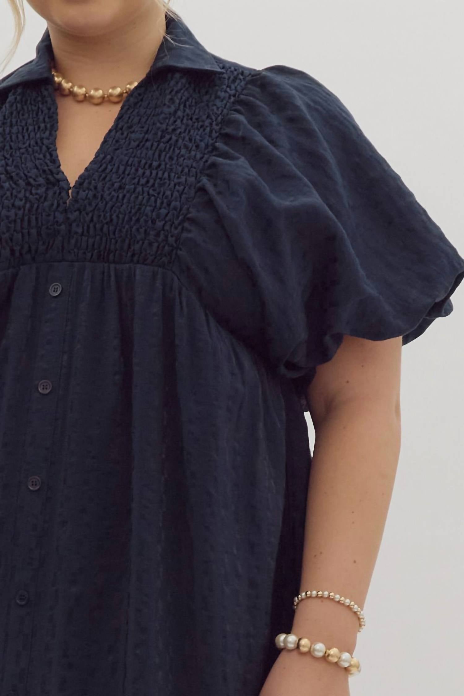 Entro - Textured Puff Sleeve Midi Dress - Plus