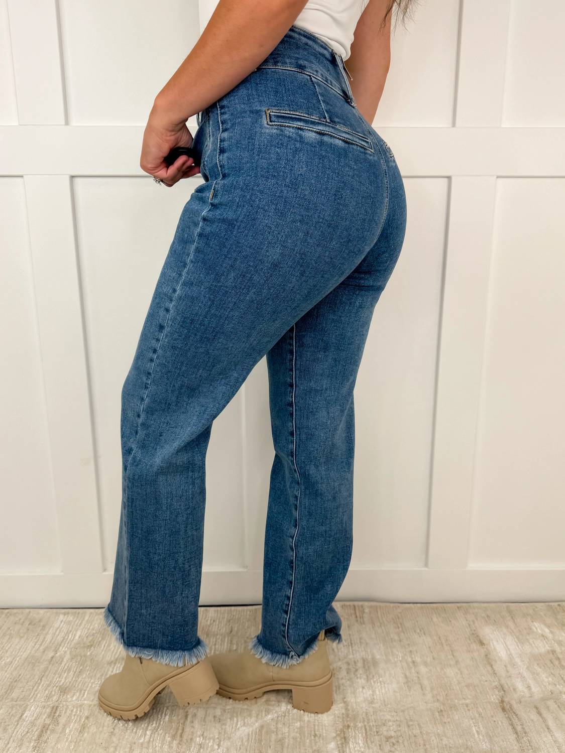 Saige Denim - Marie High-rise Fray Hem Adjustable Quad Button Bootcut Jeans