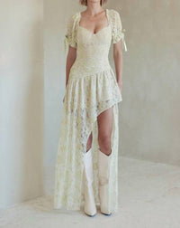 Fore Collection Winter Romance Lace Asymmetrical Maxi Dress in green cream - women's dress