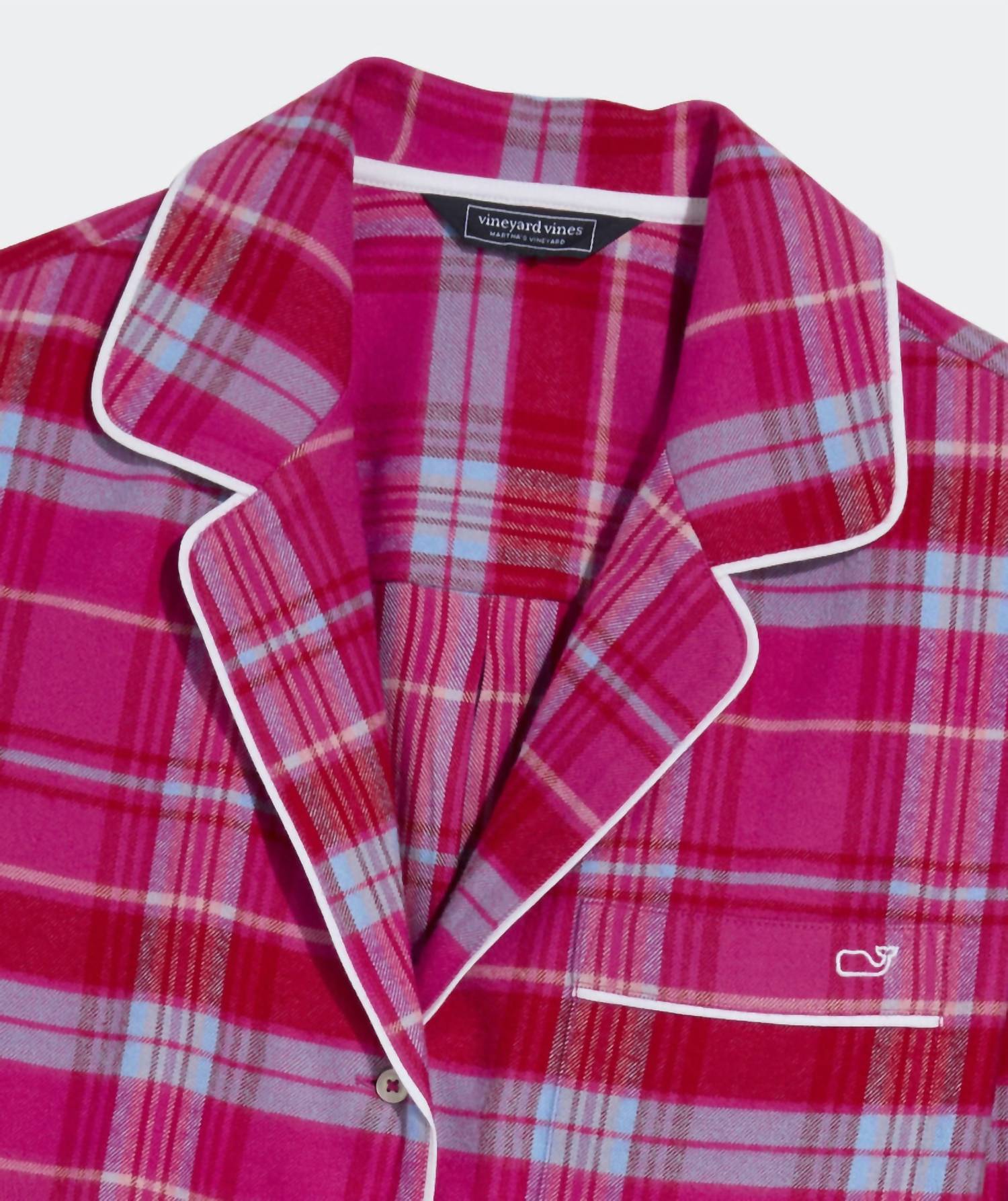 vineyard vines Women's Flannel Pajama Set in party plaid lipstick - women's sleepwear - detail view