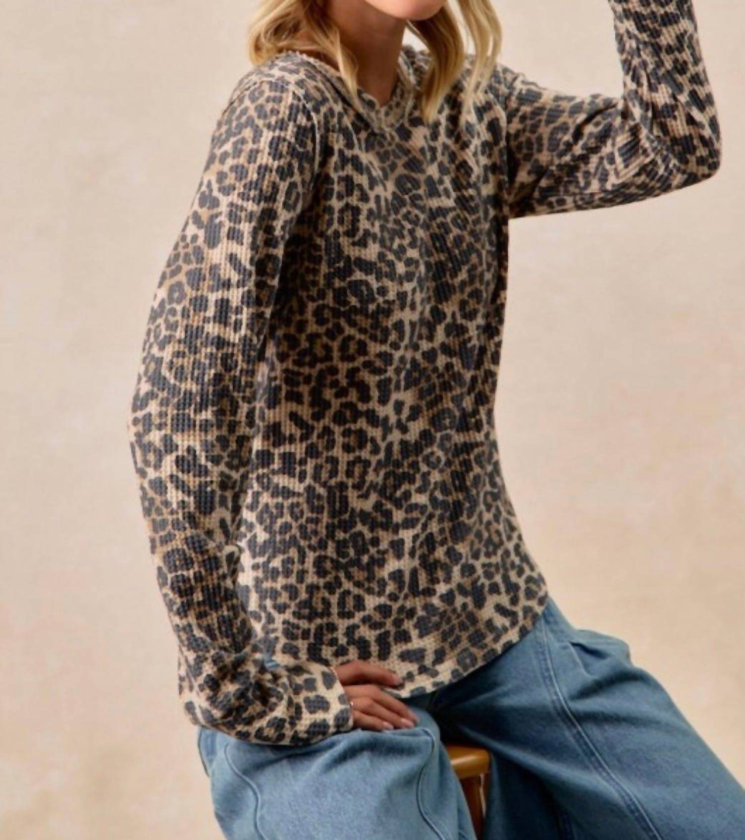 Bibi - Leopard Print Washed Waffle Thermal Top With Thumb Holes