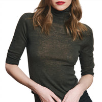 Autumn Cashmere - Fitted Sheer Elbow Sleeve Turtleneck Top