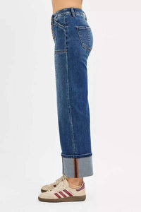 Risen - High Rise Crop Wide Straight Cuffed Jeans