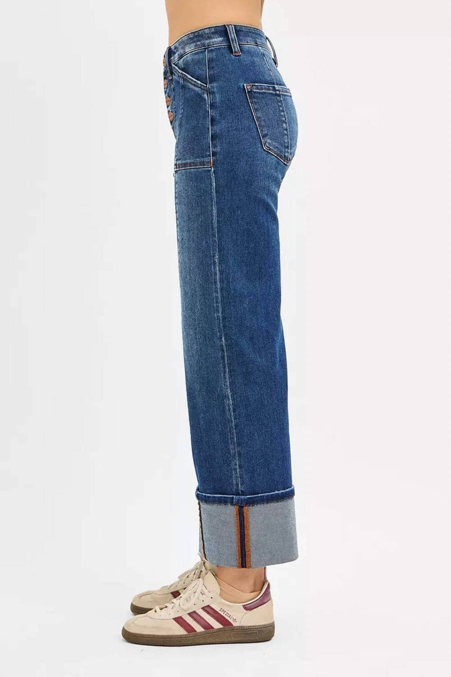 Risen - High Rise Crop Wide Straight Cuffed Jeans