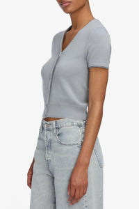 FRAME Cashmere Mix Trim Cardigan in grey blue - women's cardigan - detail view