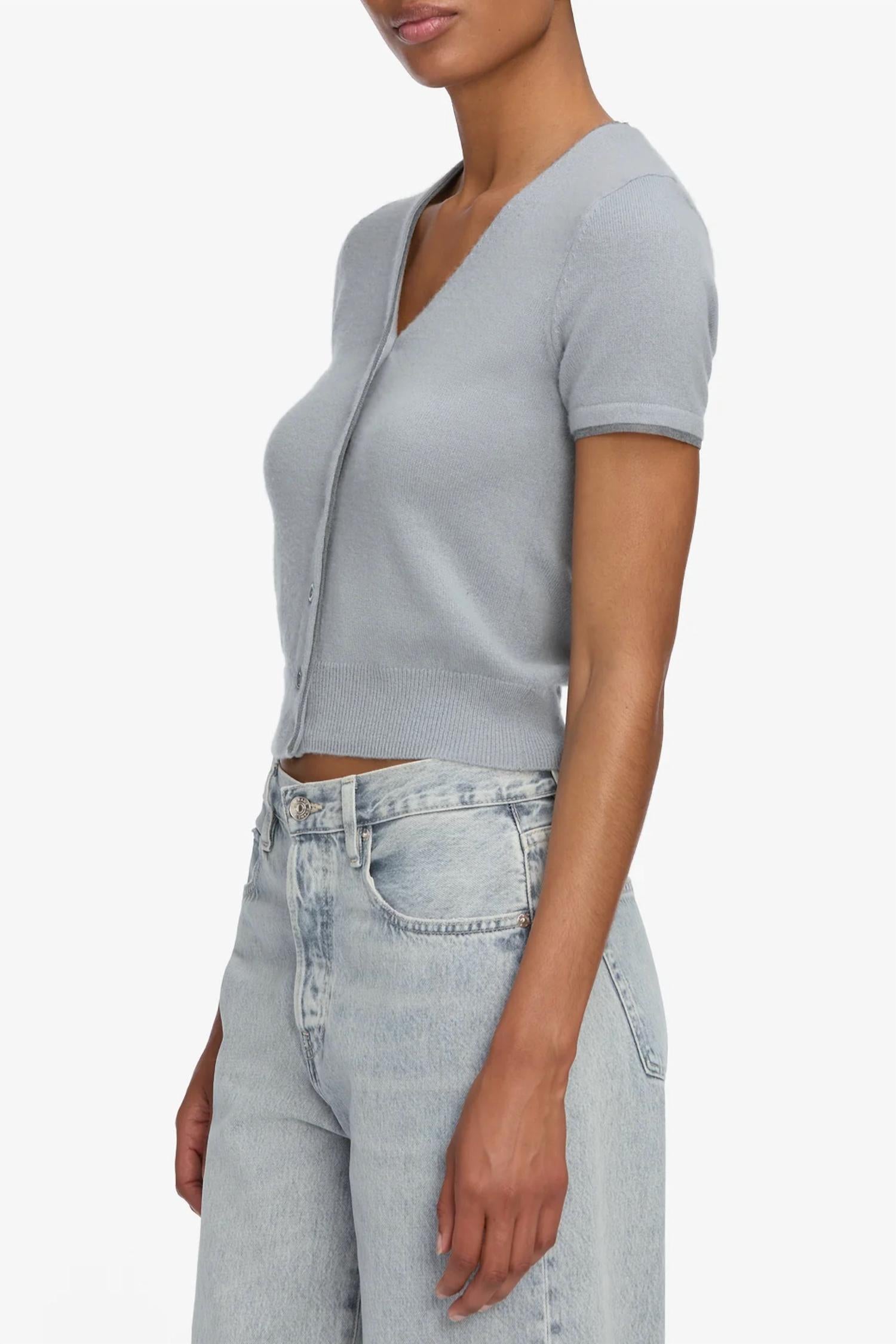 FRAME Cashmere Mix Trim Cardigan in grey blue - women's cardigan - detail view