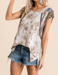 Ces Femme Tie Dye & Leopard Short Sleeve Top in tan - women's blouse