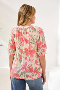 Tribal - Printed Linen Elbow Sleeve Henley Blouse