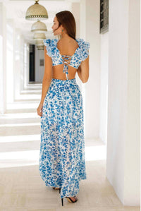 Lily Clothing - Cut Out Deep V Ruffled Floral Backless Dress