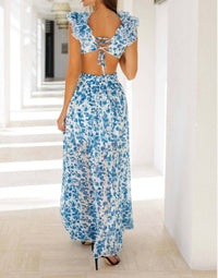 Lily Clothing - Cut Out Deep V Ruffled Floral Backless Dress
