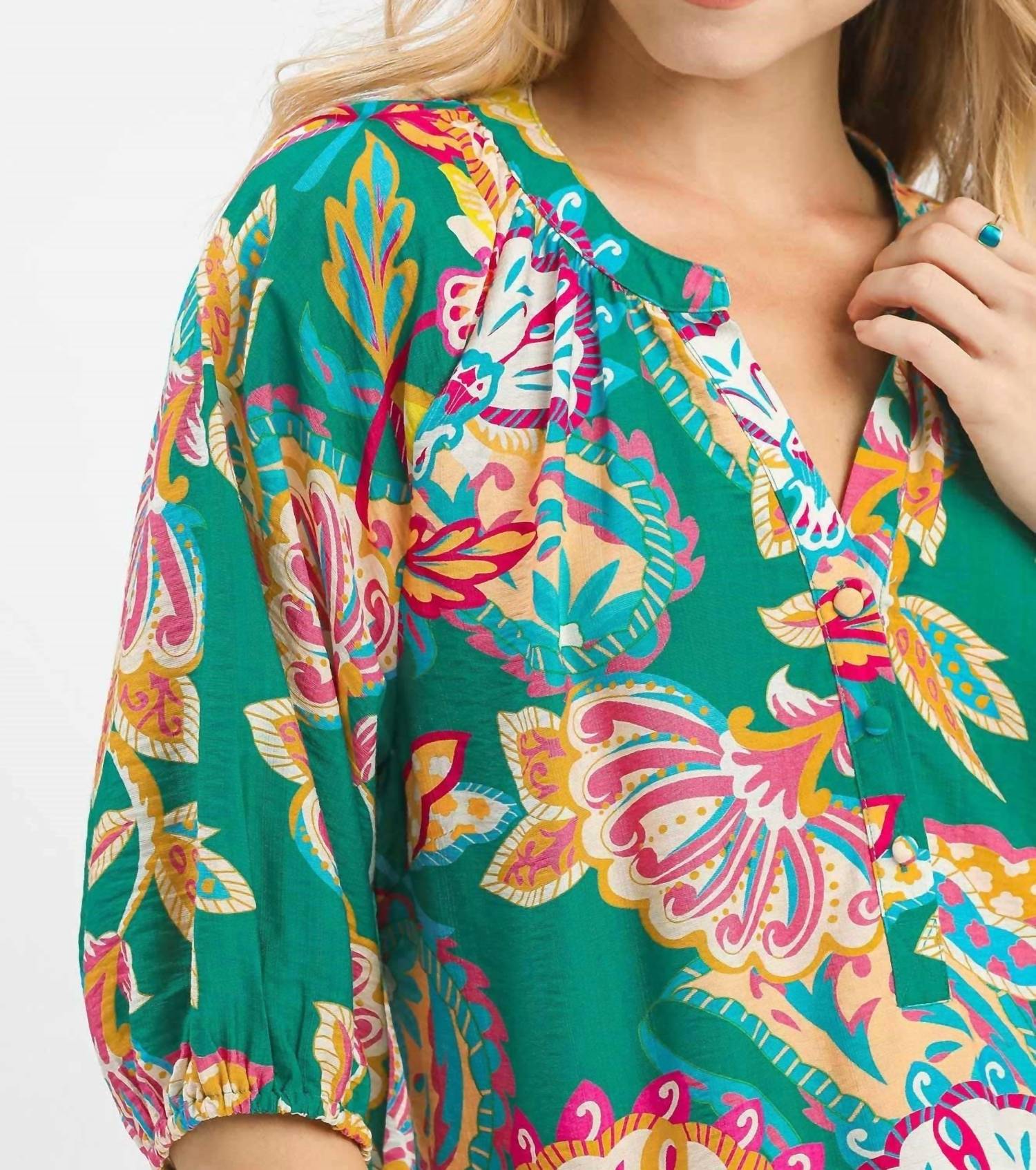 Umgee - Paisley Print V-neck Half Button Down Top