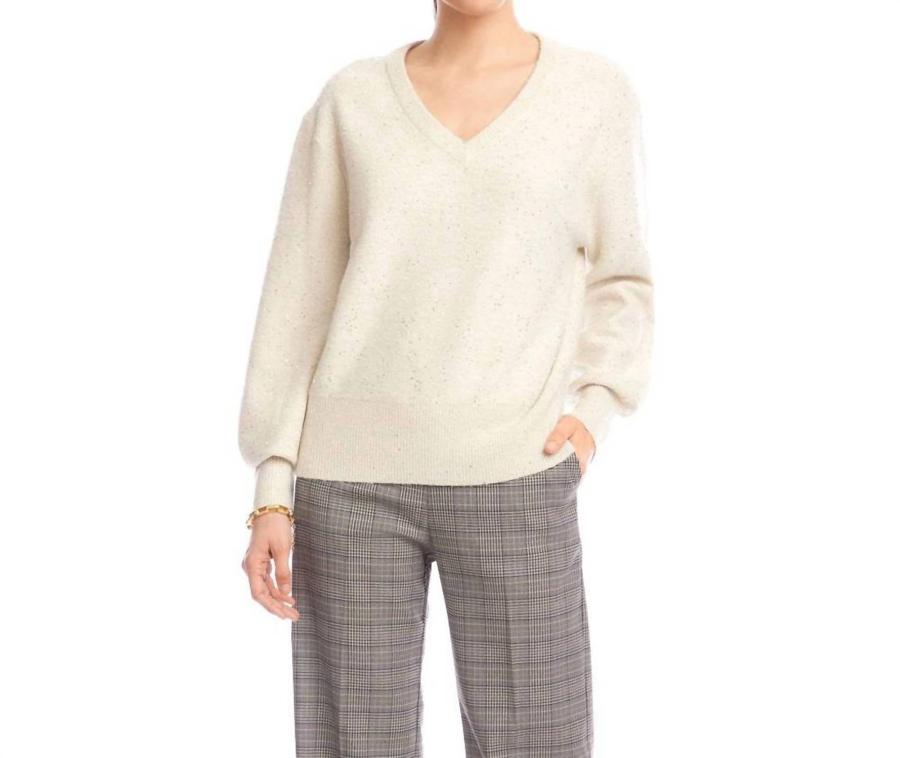 Karen Kane Sequin V-Neck Sweater in sand - women's sweater
