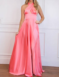 Cinderella Divine - Jaycee Satin Halter Neck Slit Formal Dress