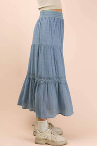 Very J - Tiered Layers Solid Woven Skirt With Lace Trim