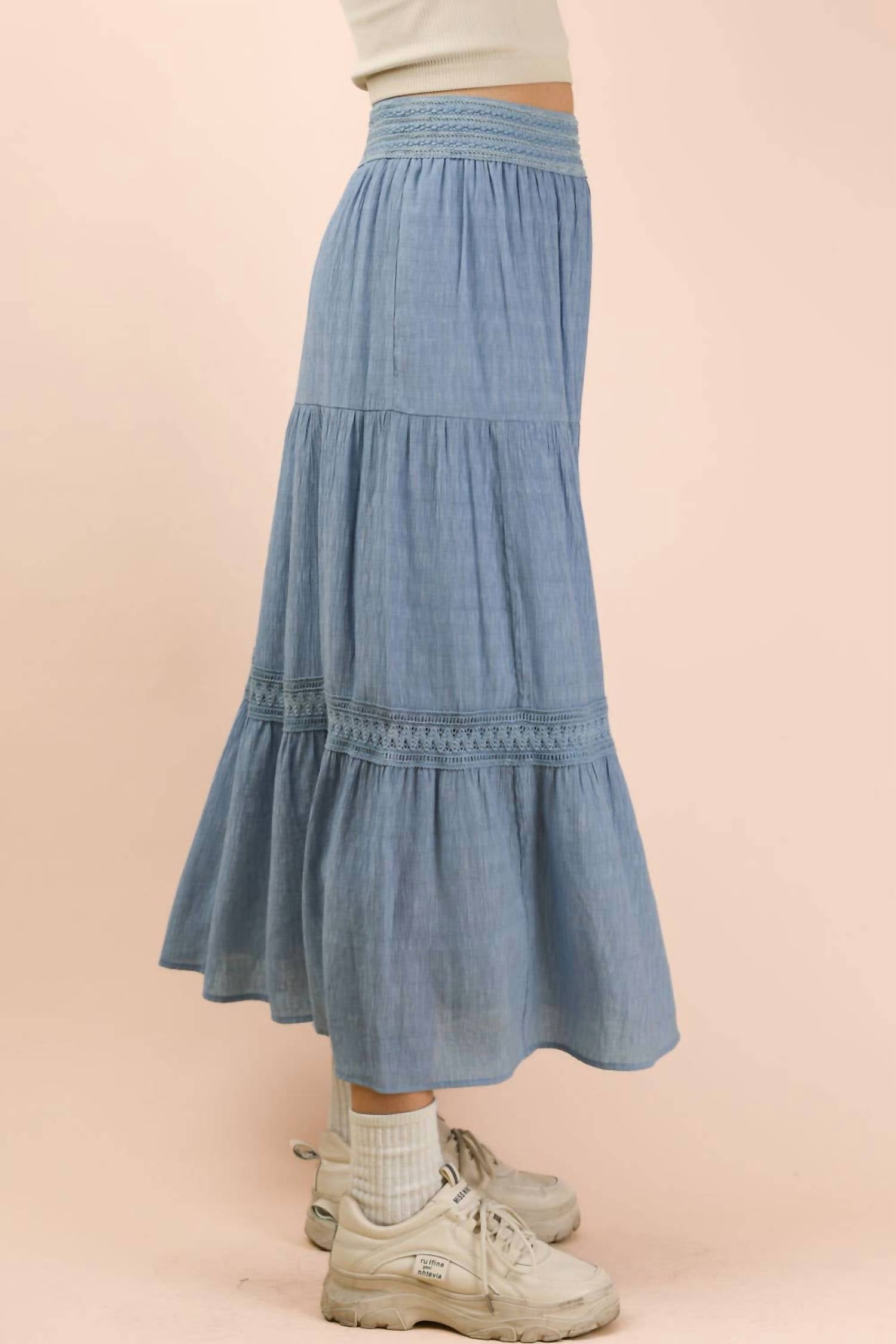Very J - Tiered Layers Solid Woven Skirt With Lace Trim