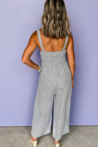 Shewin Women's Buttoned Sleeveless Wide Leg Jumpsuit in black stripe - women's pants - detail view