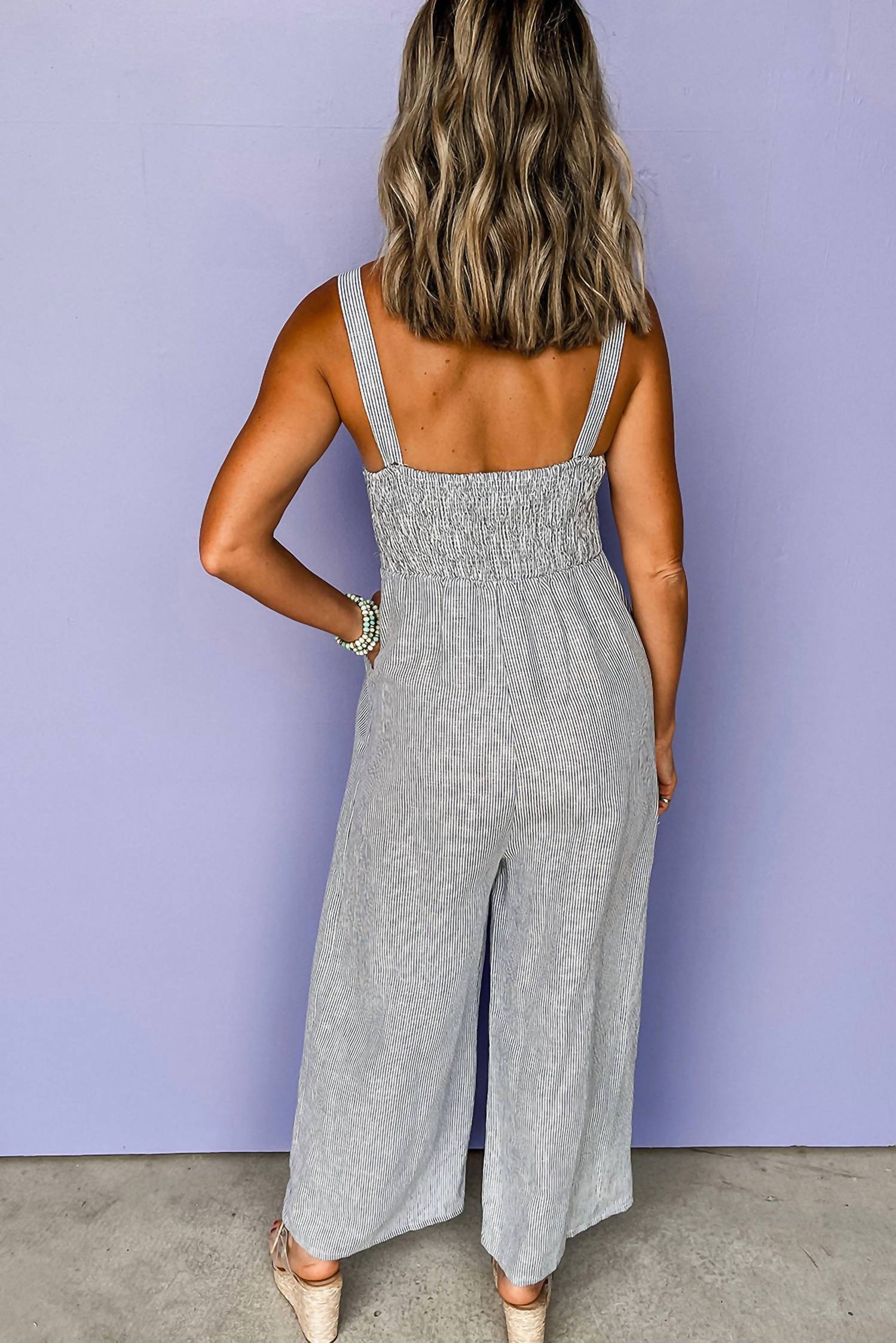 Shewin Women's Buttoned Sleeveless Wide Leg Jumpsuit in black stripe - women's pants - detail view