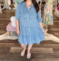 She + Sky - Chambray Tiered Button Down Mini Dress