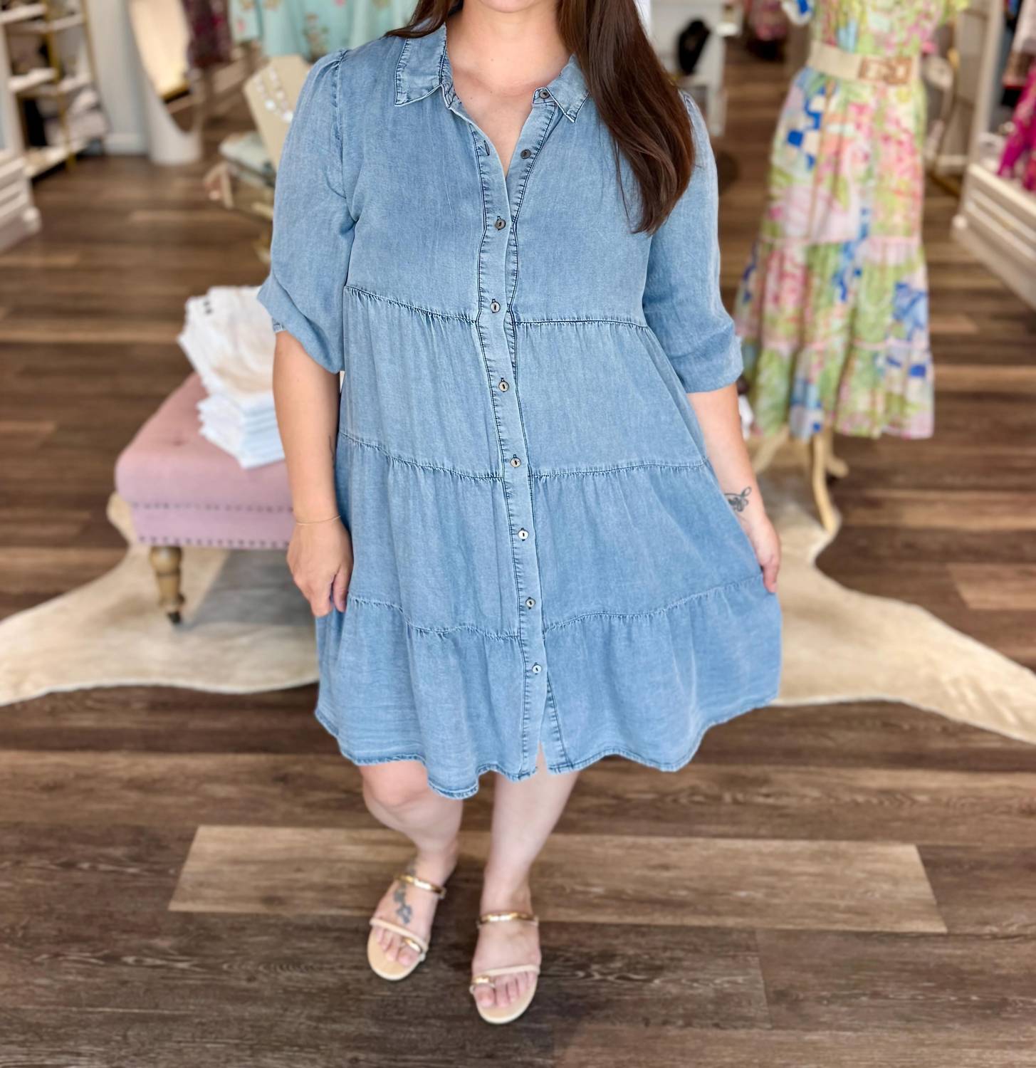 She + Sky - Chambray Tiered Button Down Mini Dress