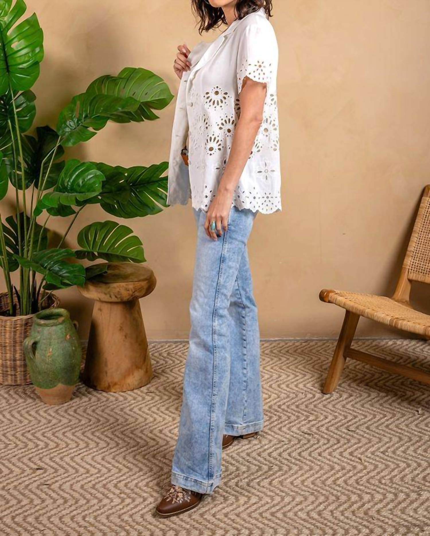 Paparazzi - Woven Crepe Eyelet Short Sleeve Camp Shirt