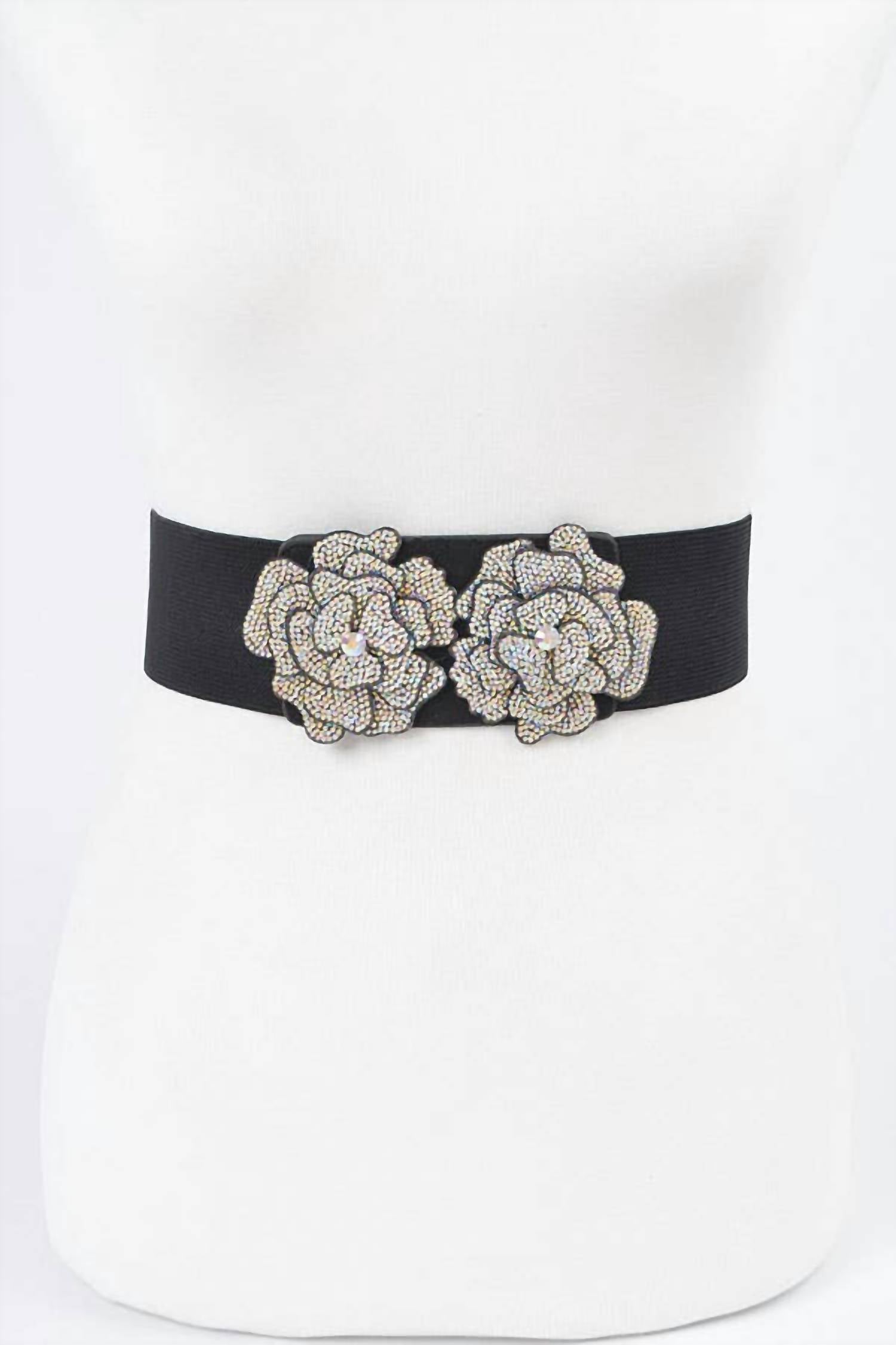 3Am By H&D Accessories - Women's Aurora Borealis Stone Flower Elastic Belt