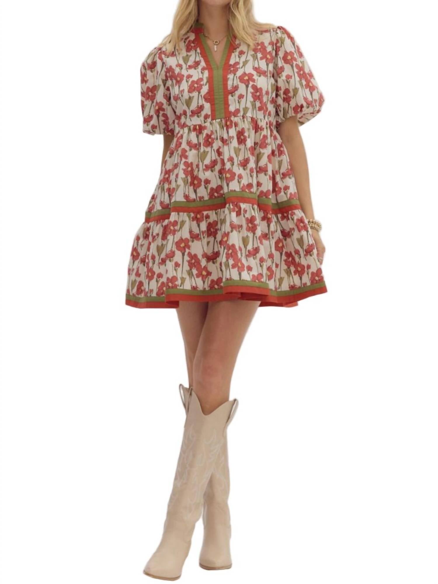Entro - Floral Print Short Bubble Sleeve Mini Dress