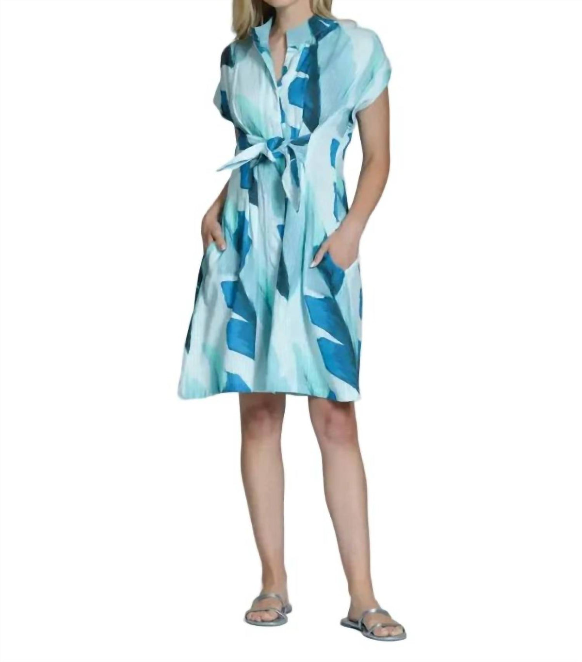 Apny - Short Sleeve Shirt Dress With Self Tie