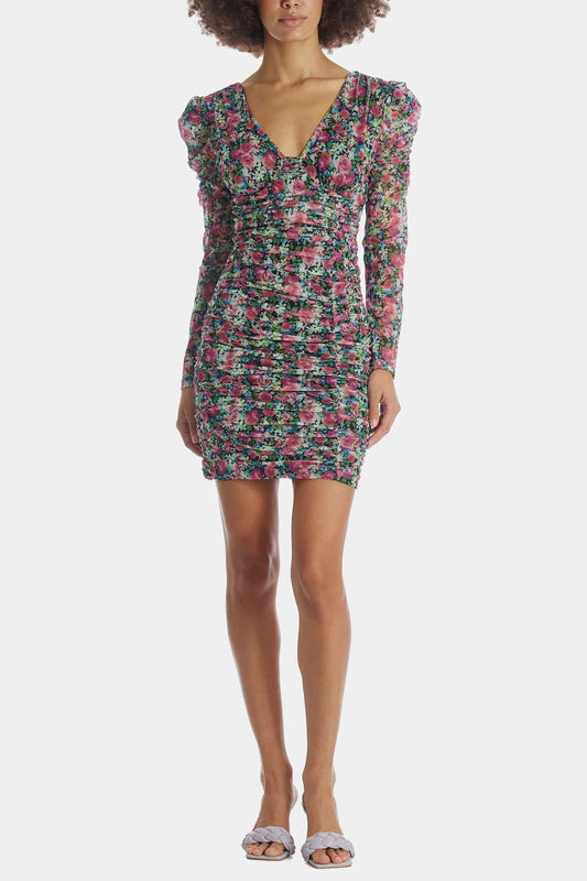 BRISTOL FLORAL RUCHED LONG SLEEVE MINI DRESS