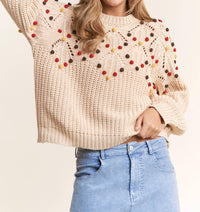 J.Nna - Eyelet Cable Knit Pompom Knit Sweater Top