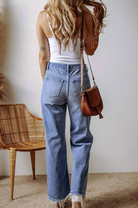 1 The Woman - Distressed Raw Hem Straight Leg High Waist Jeans