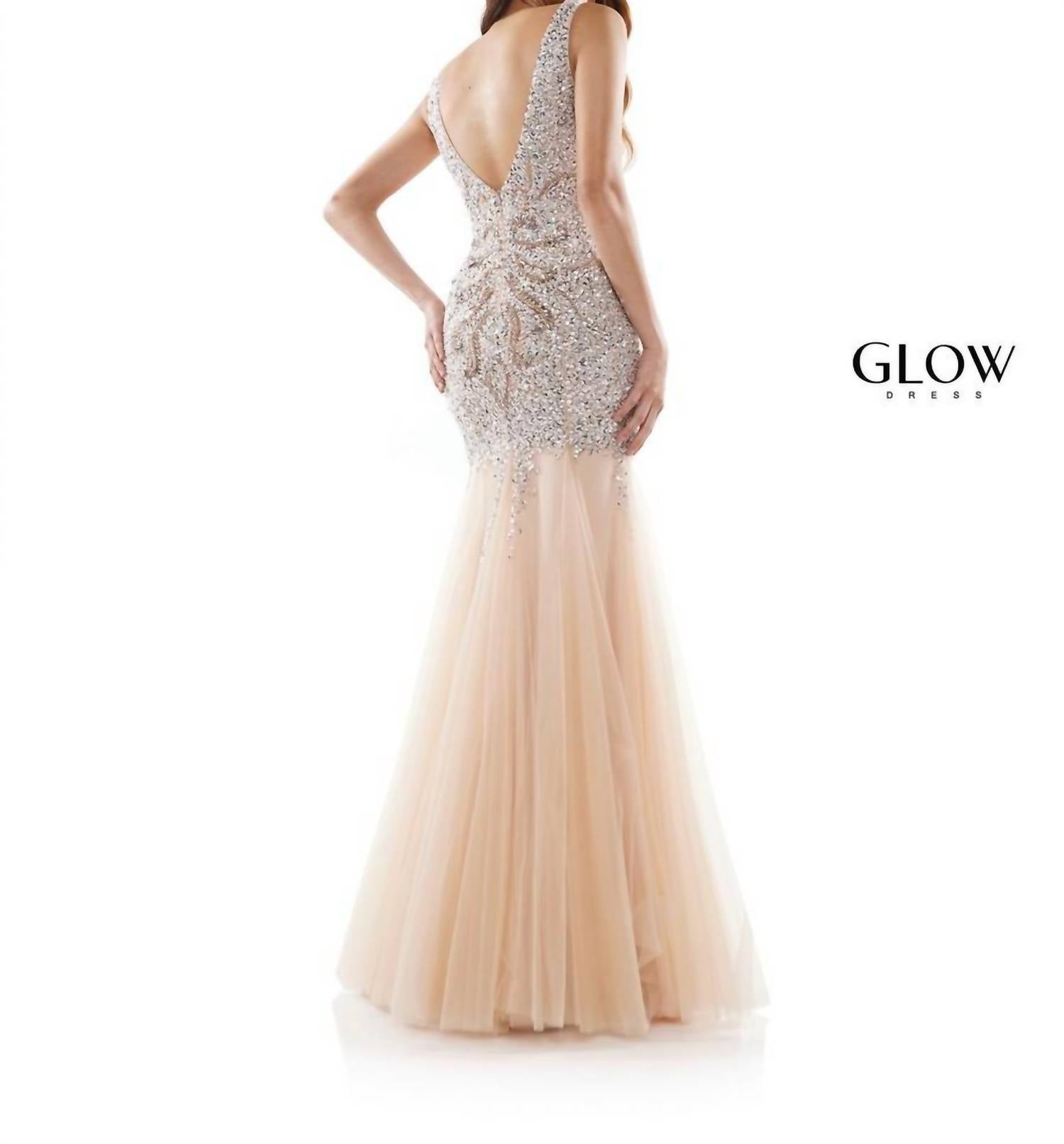 Glow by Colors Dress Beaded Tulle Mermaid Gown in gold - women's dress - detail view